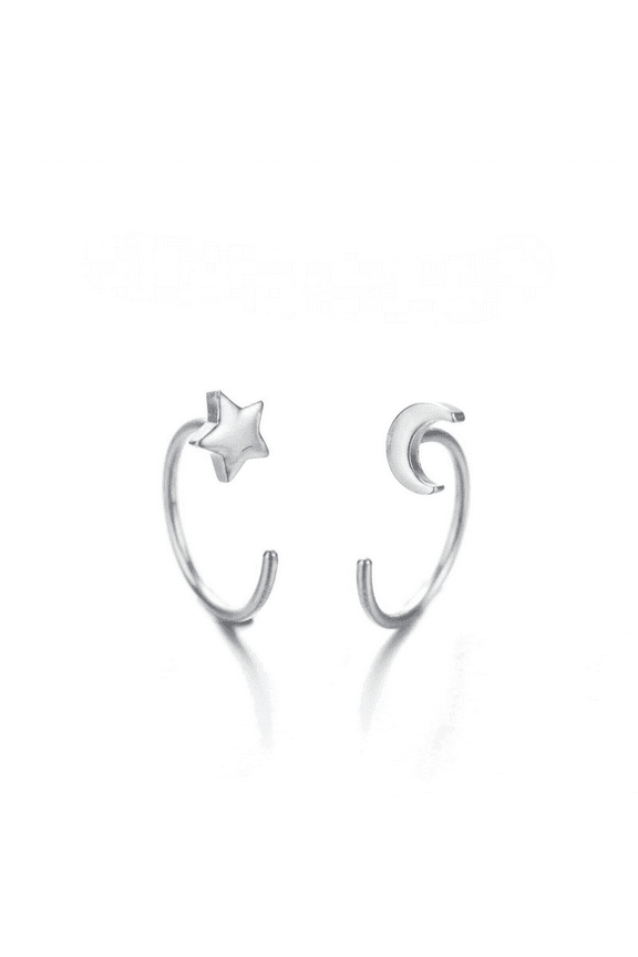 1 Pair Sterling Silver Moon and Star Huggie Hoop Threader Earrings, Tiny Minimalist Earrings for Women