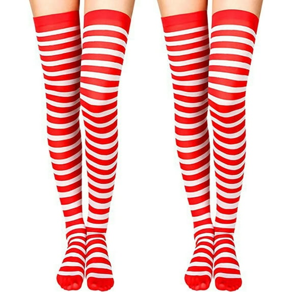 1 Pair Striped Stockings Green White Contrast Color High Elasticity Anti-slip Over Knee Length Soft Breathable Holiday Christmas Stage Performance Party Long Thigh Socks