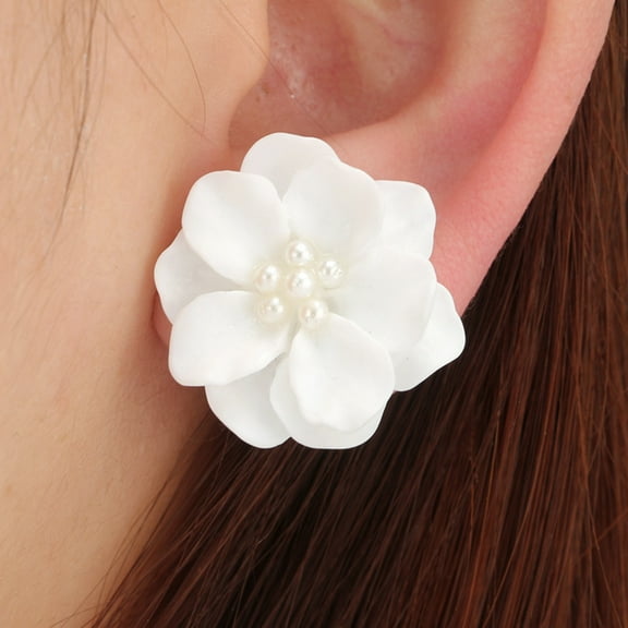 1 Pair Stud Earrings Anti-allergy Decorative Temperament Hyperbole Flower Faux Pearl Earrings for Dating,Yellow