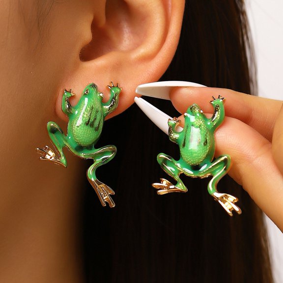 1 Pair Stud Earrings Enamel Dripping Glossy Frog Shape Ear Studs Hip Hop Style 3D Frog Split Design Earrings Jewelry Gift