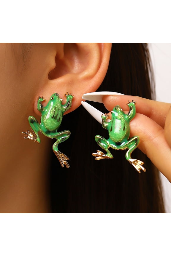 1 Pair Stud Earrings Enamel Dripping Glossy Frog Shape Ear Studs Hip Hop Style 3D Frog Split Design Earrings Jewelry Gift