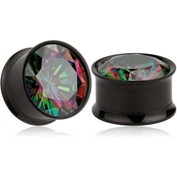 1 Pair Summer Gauges for Ears Color-Zircon Black Stainless Steel Ear Plugs Tunnels Earrings Stretcher Piercings 0g(8mm) to 5/8"(16mm)