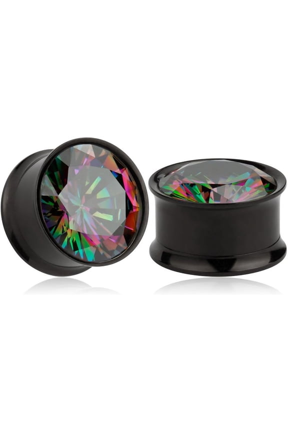 1 Pair Summer Gauges for Ears Color-Zircon Black Stainless Steel Ear Plugs Tunnels Earrings Stretcher Piercings 0g(8mm) to 5/8"(16mm)