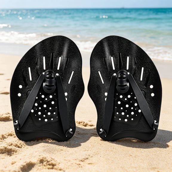 1 Pair Swimming Training Hand Paddles, Swimming Training Freestyle Breaststroke Hand Fins with Adjustable Straps Black