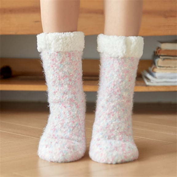 1 Pair Thick Slipper Socks for Women Padded Floor Socks Lambswool Lined Slipper Socks Winter Warm Fuzzy Indoor Christmas Gifts Socks