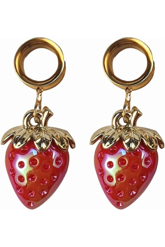 1 Pair Top Strawberry Ear Tunnels Dangle Ear Plugs Gauges for Ear Refined Stainless Steel Earrings Expander Piercing For Women 0g-1"(8mm-25mm)[w543]