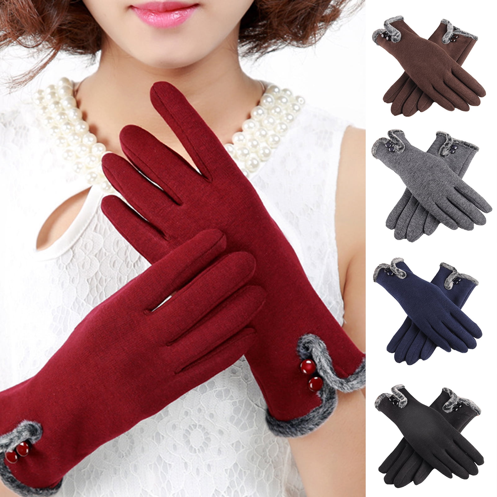 1 Pair Two Buttons Solid Color Driving Gloves Fleece Lining Touch
