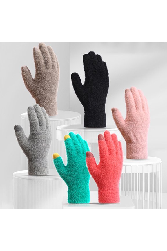 1 Pair Unisex Winter Gloves Thick Plush Five Fingers Non-slip Touch Screen Solid Color Stretchy Heat Retention Cycling Outdoor Activity Gloves