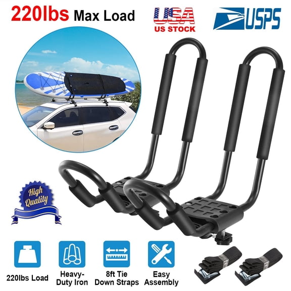 1 Pair Universal J-Bar Kayak Carrier 220LBS Load Heavy Duty Canoe Car Top Mount Carrier Roof Rack w/ 2Pcs Tie Down Straps