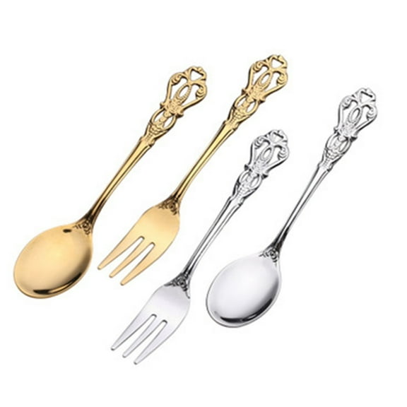 1 Pair Vintage Gold Spoon Fork Cutlery Set Stainless Steel Luxury Dessert Spoon Gold YIWEI