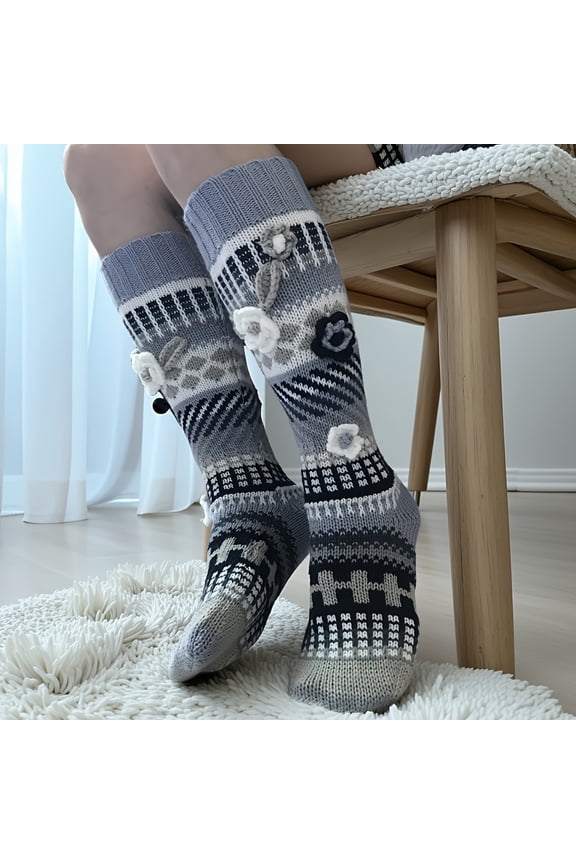 1 Pair Vintage-Inspired Women'S Slipper Socks - Handmade Crochet with Striped Pattern, Gray & White Design, Perfect for Fall/Winter Comfort, Cozy Home Wear | Vintage Slipper Socks | Crochet Socks