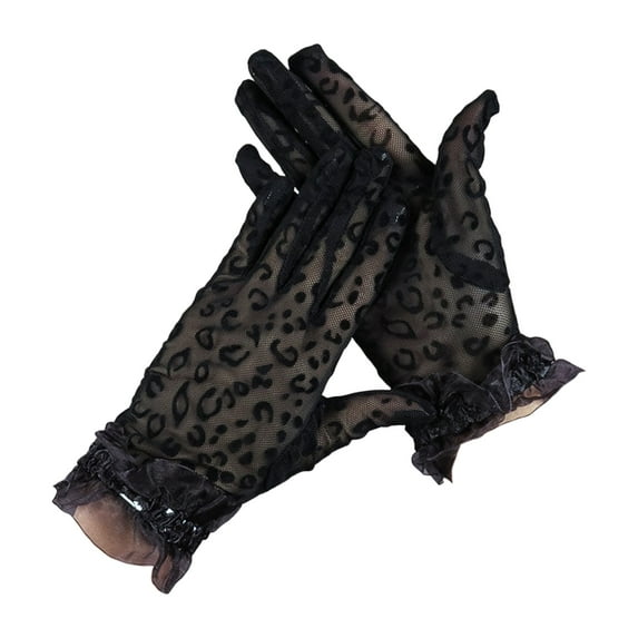 1 Pair Wedding Gloves See-through Thin Lace Leopard Print Hollow Out Decorate Shirring Vintage Breathable Prom Gloves for Dating,Black