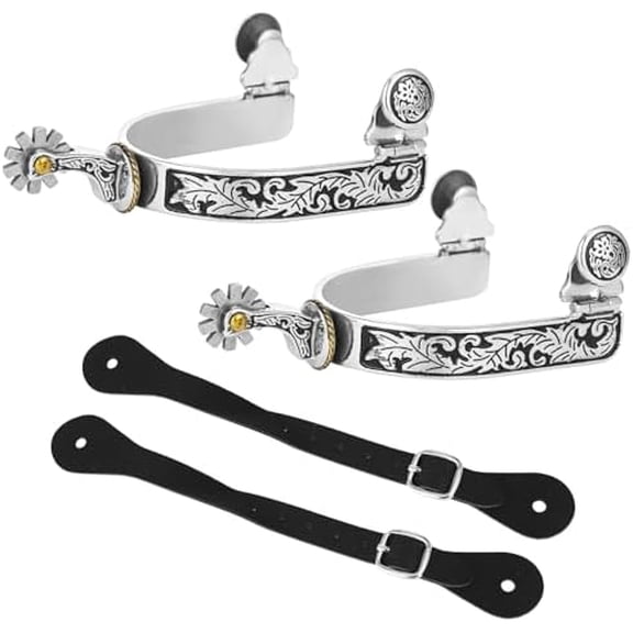 1 Pair Western Cowboy Spurs with Belts, Horse Spurs for Men, Stainless Steel Spurs with Engraved Pattern and 2 Adjustable Leather Straps, Classic Roping Boot Spurs for Training, Riding