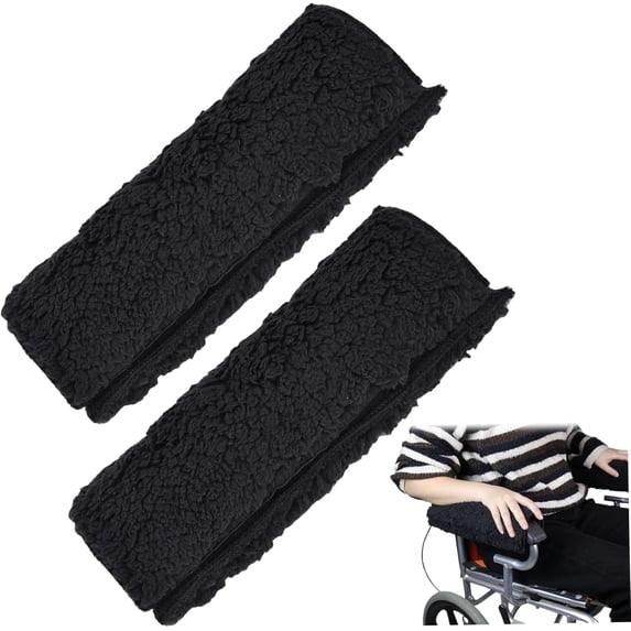 1 Pair Wheelchair Arm Covers Soft Sherpa Armrest Pads Non-Slip with Fastening Tape for Elderly Patients Black