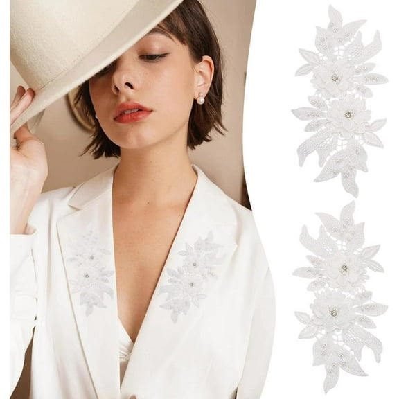 1 Pair White 3D Lace Beads Flower Applique Rhinestone Plastic Pearl Embroidery Appliques Hollow Sew on Patches Polyester Applique for Wedding Dress Collar Decor 4.3x9.2 inch(11x23.4cm)