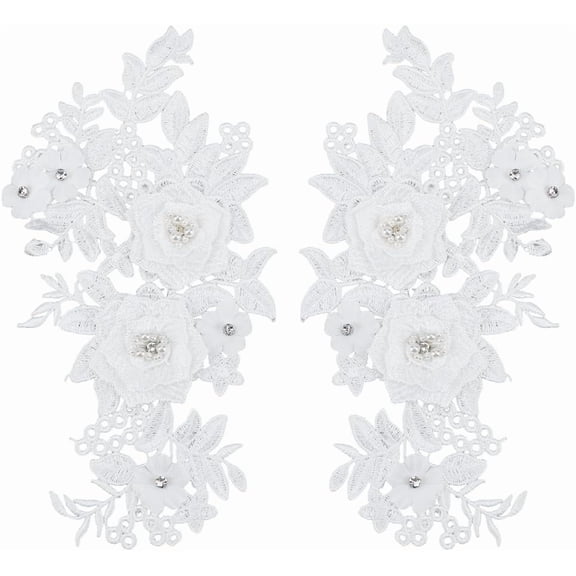1 Pair White 3D Lace Flower Sew on Patches Rhinestones Embroidered Trim Decor Applique Flower Bead Lace Appliques