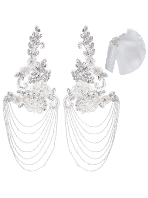 1 Pair White Beaded Rhinestone Applique, Sew-On Epaulettes with Crystal Chain Tassels, Elegant Shoulder Patches Embellishment for Wedding Dress Gown Costume DIY Clothing Decoration
