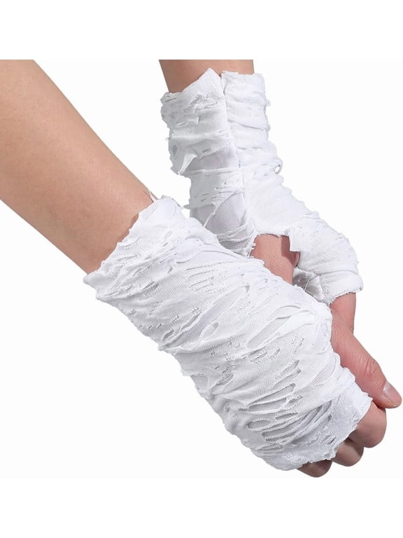 1 Pair White Gothic Fingerless Gloves Broken Torn Slit Goth Ripped Holes Punk Rave Gloves Grunge Arm Warmers Bulk for DIY