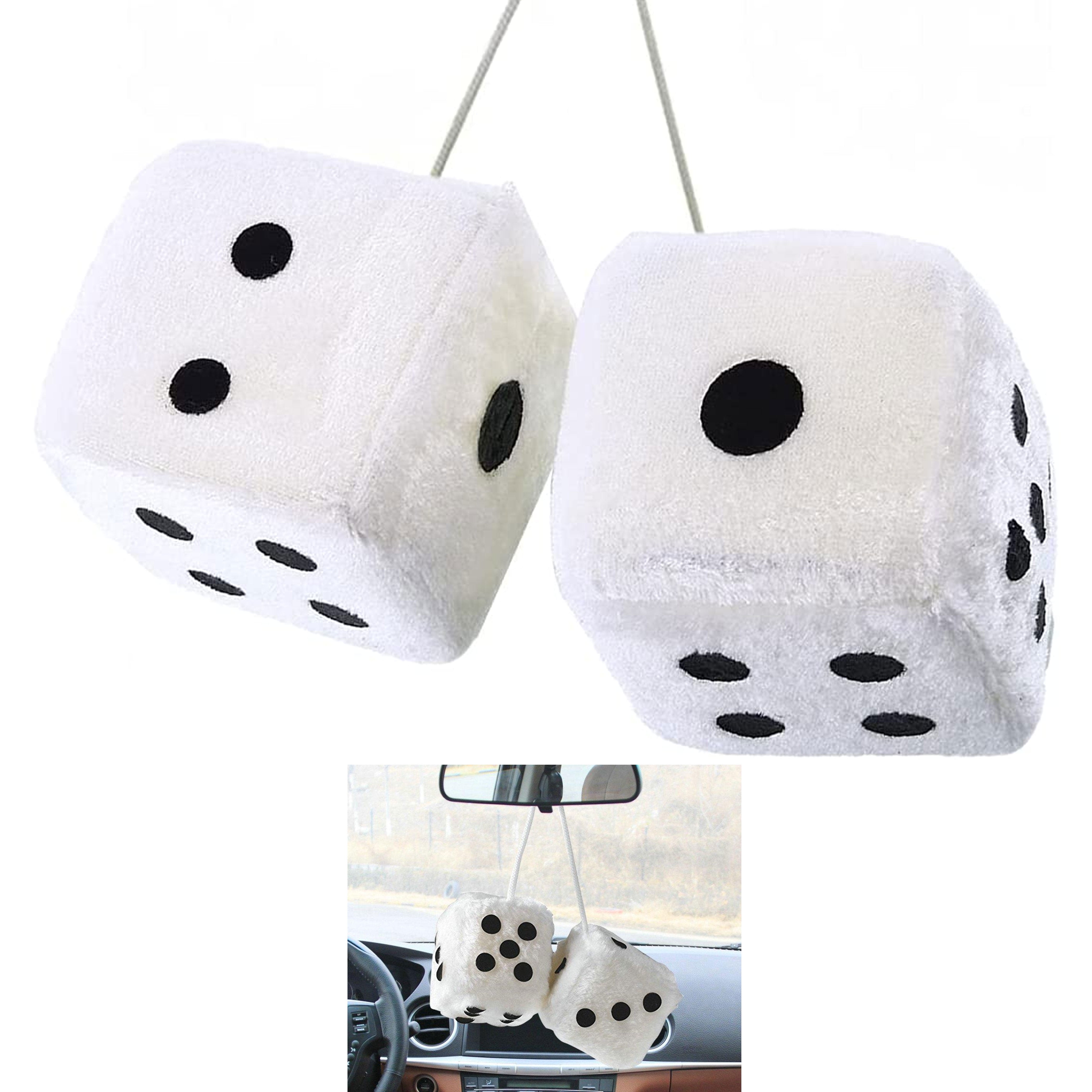 1 Pair Auto White Fuzzy Dice Front Car Plush Hanging Rearview Mirror Decors