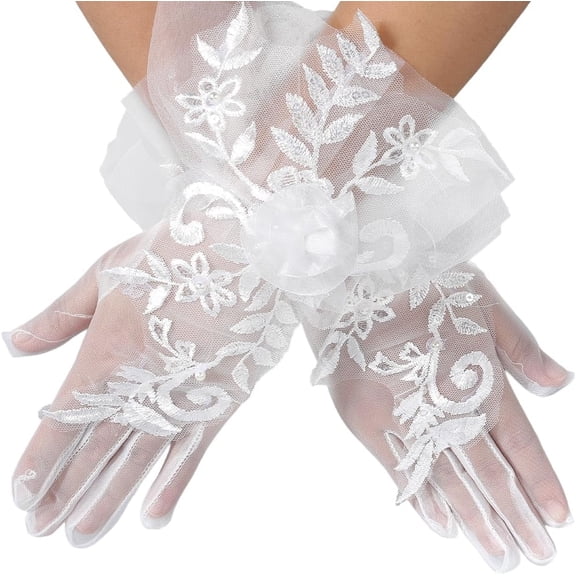 1 Pair White Lace Wedding Gloves Short With Elegant 3D Tulle Flowers Vintage Sheer Embroidered Fabric Polyester Floral Glove