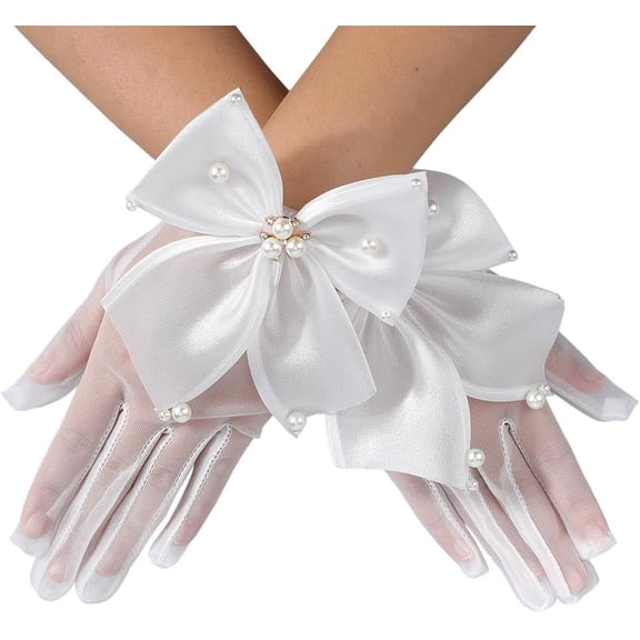 1 Pair White Lace Wedding Gloves Short With Resin Imitation Pearl Elegant Vintage Sheer Embroidered Fabric Breathable Polyester Glove