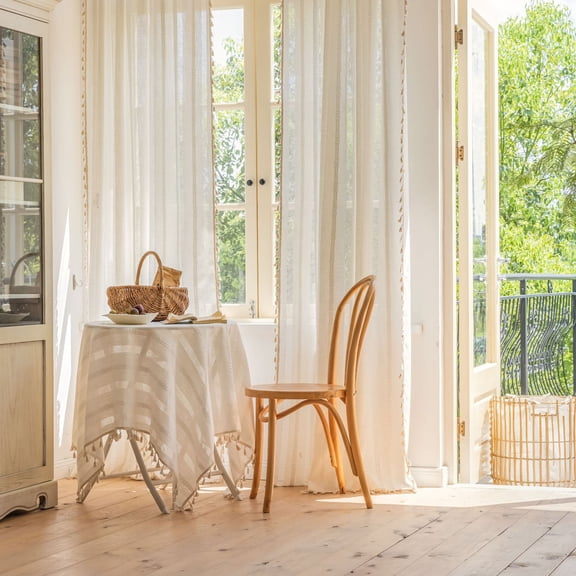 1 Pair White Plain and Pure lines Windows Curtains Vintage Cotton Tassel Window Curtains Panels 55" W x 79" L