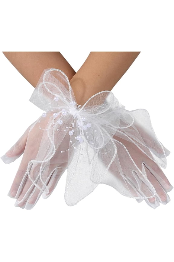 1 Pair White Short Lace Wedding Bows Gloves With Resin Imitation Pearl Elegant Vintage Sheer Embroidered Fabric Polyester Breathable