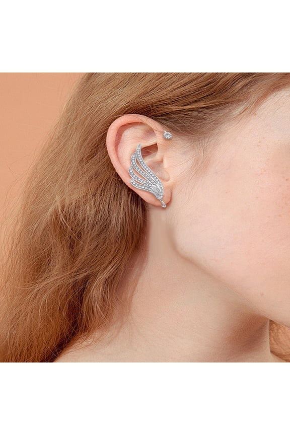 1 Pair Wing Alloy Rhinestone Cuff Earrings with High Sense of Curve Left and Right Platinum 63-64x37-38mm