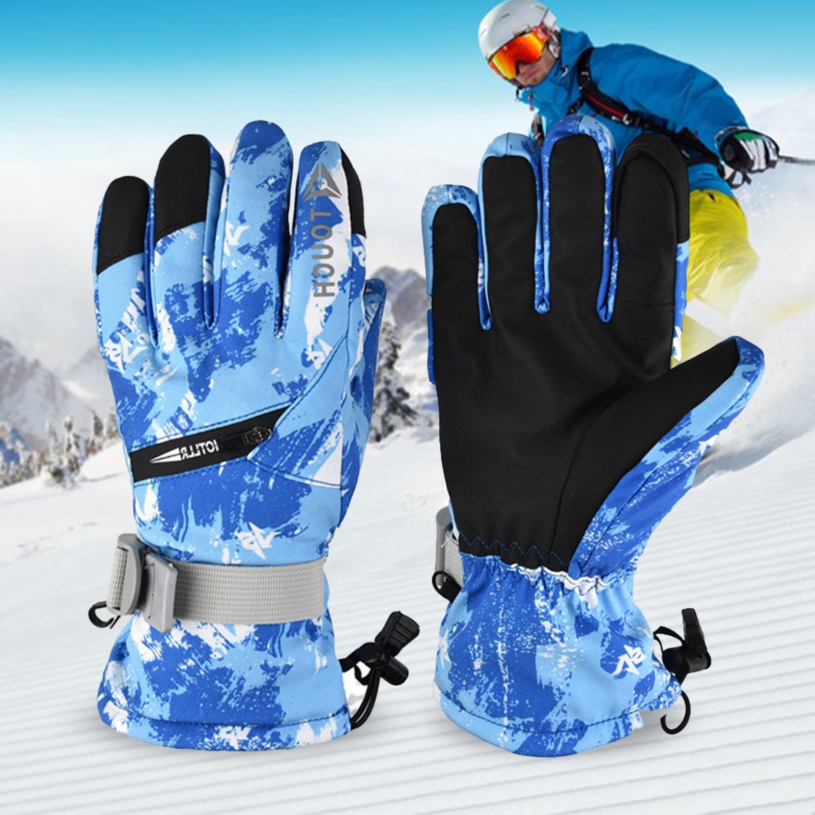 1 Pair Winter Gloves Plush Lining Windproof Design Drawstring Closure ...