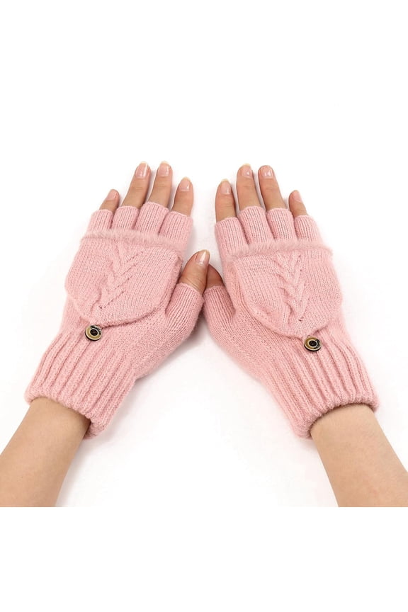 1 Pair Winter Warm Fingerless Gloves Acrylic Knitted Fiber Half ped 2 in 1 Combo Mitten Pink 180x120mm Soft Comfortable Handwear for Cold Weather Outdoor Activities Making DIY