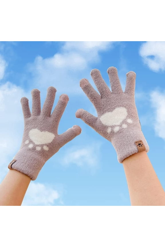 1 Pair Winter Warm Full Finger Gloves Velvet Paw Print 204mm Soft Windproof Handwear for Women Cold Weather Outdoor Activities Brown