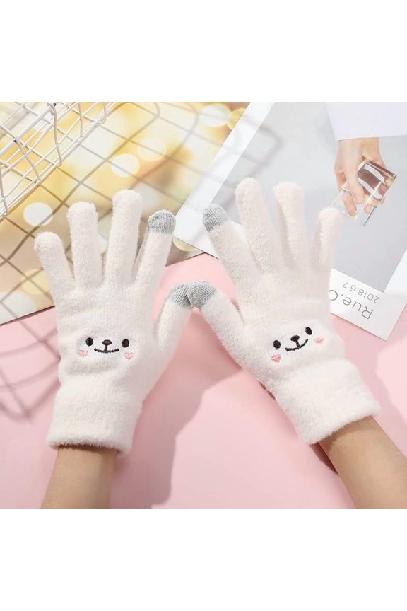 1 Pair Winter Warm Full Finger Gloves Velvet Smiling Face Design 247mm Soft Windproof Handwear for Women Cold Weather Outdoor Activities White