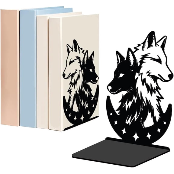 1 Pair Wolf Moon Metal Bookends for Shelves Decorative Wild Wolf Head Heavy Duty Metal Decorative Non-Skid Black L-Shaped Book Stopper colorful