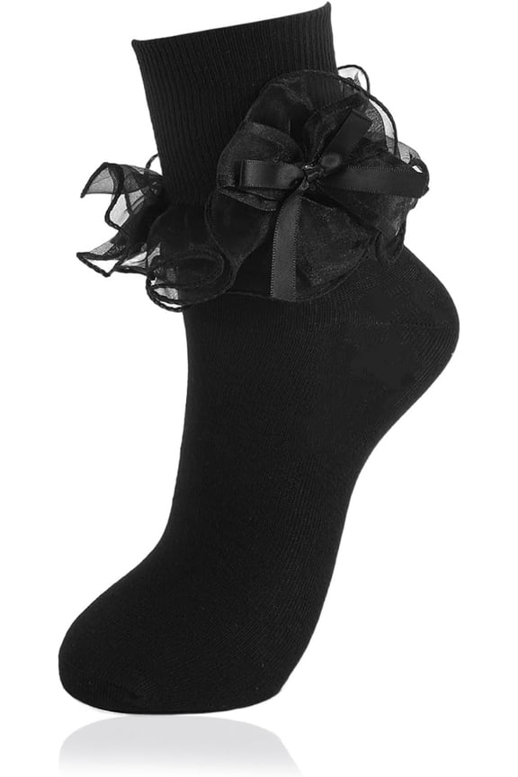 1 Pair Women Big Ruffle Ankle Bow Socks Adult Double Lace Frilly Dress Socks Cute Crew 80s Fancy Bobby Bride Sock