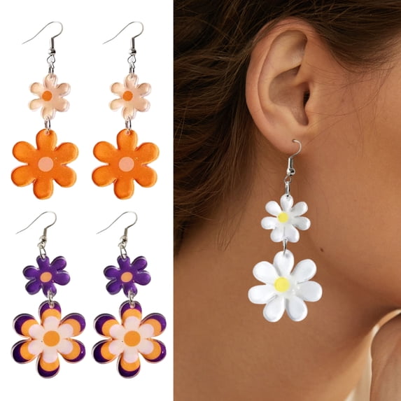 1 Pair Women Flower Dangle Earrings 2D Acrylic Floral Hook Earrings Hypoallergenic Lightweight Floral Drop Earrings Fashion Jewelry