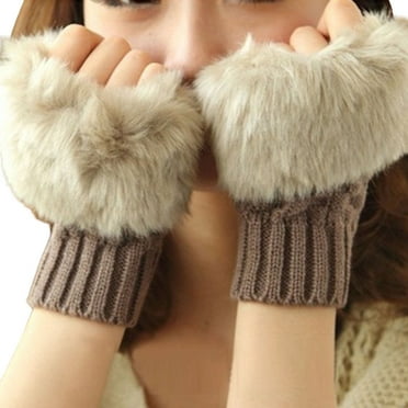 1 Pair Women Gloves Half Finger Fluffy Plush Knitted Thickened Fingerless Keep Warm Touchscreen Autumn Winter Girls Gloves for Outdoor,Light Green