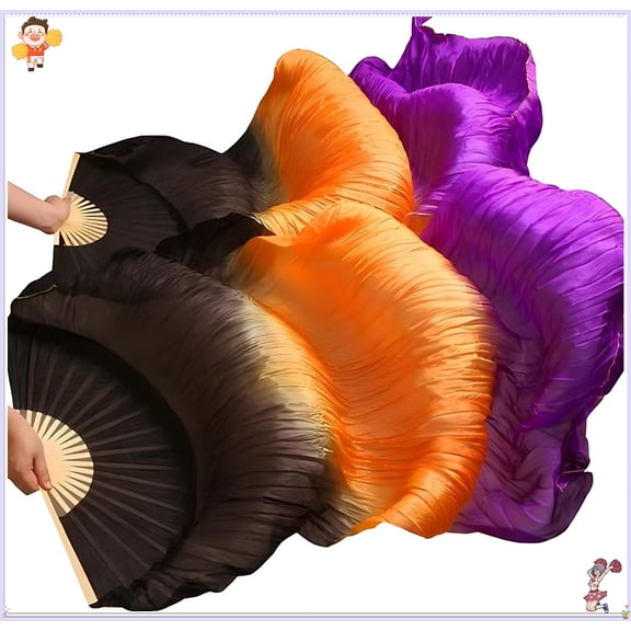 1 Pair Women Real Silk Belly Dance Fan Veils - Handmade Long Bamboo Fans for Professional Dancing 180cm * 90cm (Left+Right)