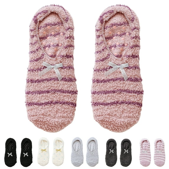 1 Pair Women Socks Contrast Colors Soft High Elasticity Bow-knot Striped Keep Warm Solid Color Low Cut Anti-skid Silicone Floor Socks for Home Wear,Black