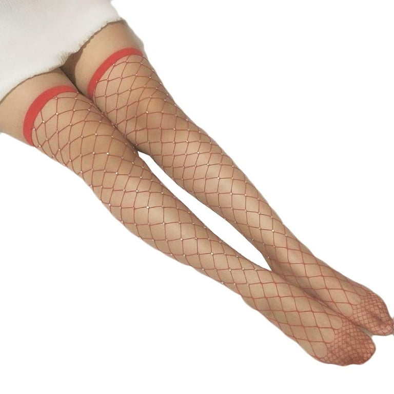 1 Pair Women Thigh High Stockings Rhinestone Fishnet Stockings Big