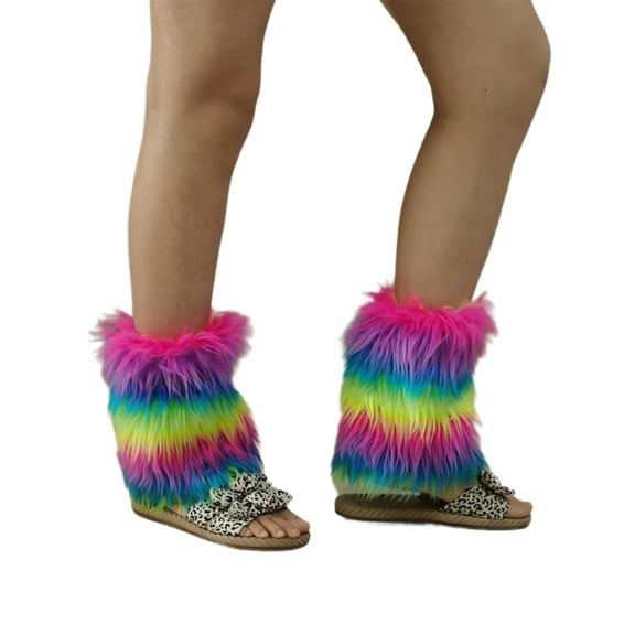 1 Pair Women Vintage Warm Rainbow Leg Warmer Soft Fuzzy Leg Cover Boot Cuffs Long Socks for Winter Days