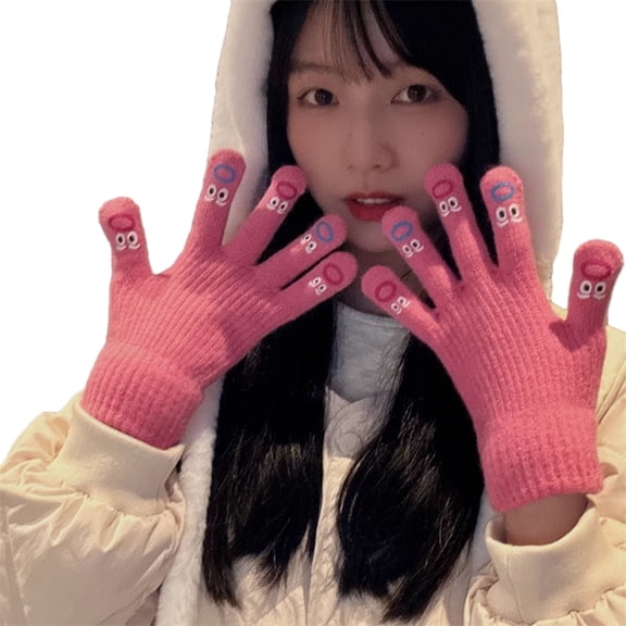 1 Pair Women Winter Gloves Cartoon Design Solid Color Windproof Warm Fleece Lined Knit Winter Gloves Pink One Size