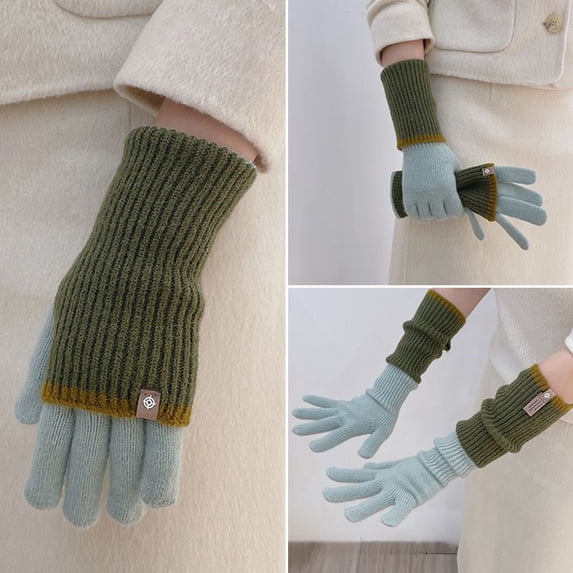 1 Pair Women Winter Gloves Thickened Colorblock Knitted Five Fingers Unisex Anti slip Cold Weather Driving Golfing Skiing Skating Gloves