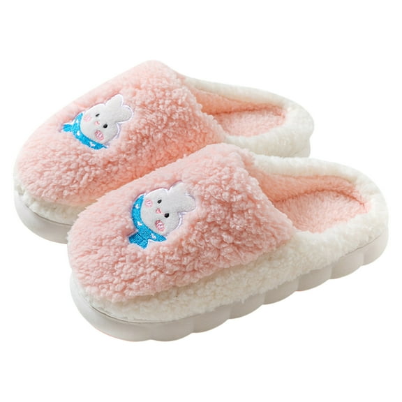 1 Pair Women Winter Slippers Thick Plush Cartoon Rabbit Thick Flat Sole Anti skid Slip on Warm Cozy Dorm Slippers Pink M