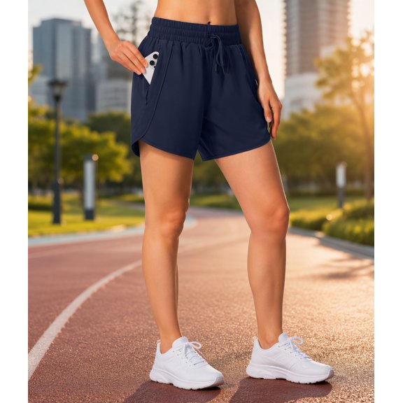 1 Pair Women's Athletic Running Shorts 5 Inch with Zipper Pockets, Quick Dry Elastic Waistband Workout Shorts for Sports Travel Walking