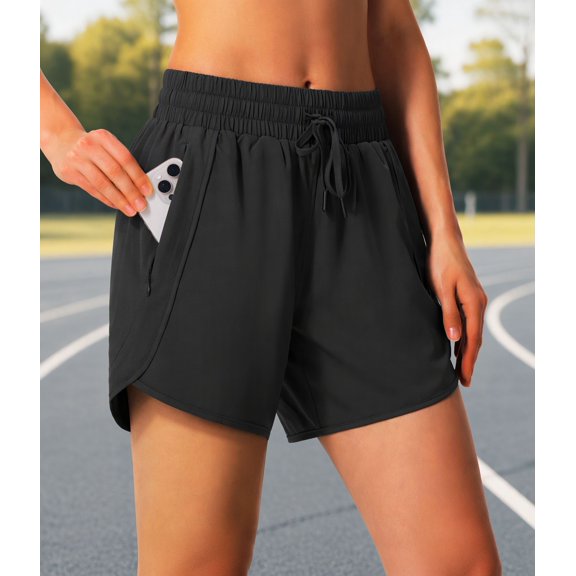 1 Pair Women's Athletic Running Shorts with Zipper Pockets, Quick Dry Lightweight Workout Shorts, 5 Inch and 7 Inch Length Available