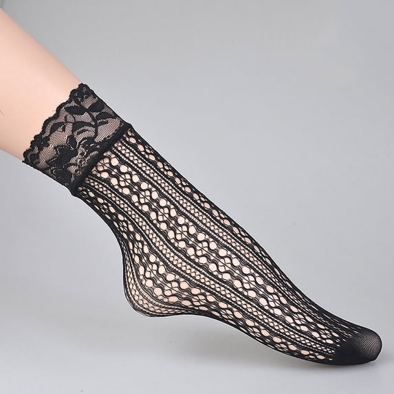1 Pair Women's Lace Ankle Socks, Fishnet Jacquard Sexy Black Thin Stockings, Sheer and Decorative Socks for Daily Wear and Special Occasions-C