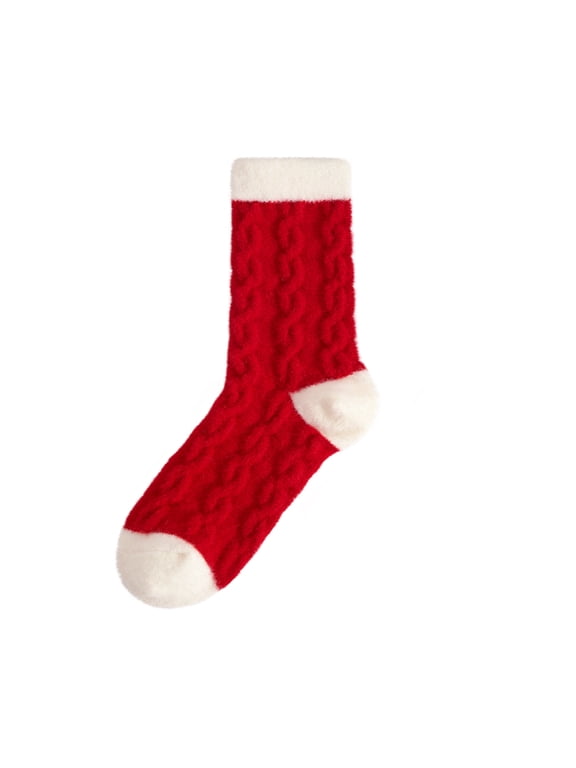 1 Pair Women's Red Cable Knit Crew Socks with White Cuff & Heel/Toe