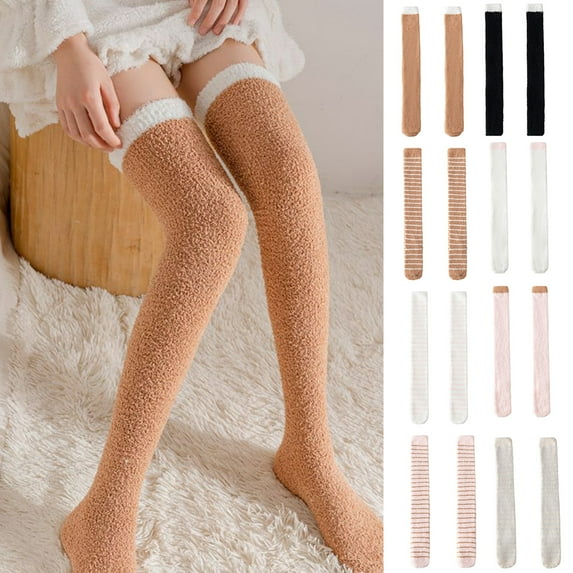 1 Pair Women's Thigh High Socks Warm over Knee High Long Striped Stocking Winter Coral Fleece Cute for Women Girls Gift Cozy