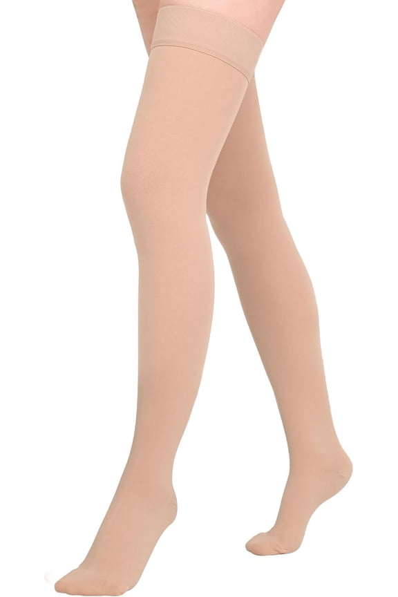 1 Pair Wukang 20-32mmHg Beige M Size Thigh High Compression Stocking Closed Toe Compression Socks for Women & Men