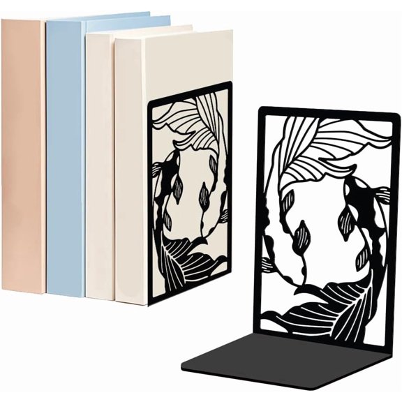 1 Pair Yin Yang Fish Metal Bookends for Shelves Decorative, Ornamental Fish Heavy Duty Decorative Book Ends Non-Skid Black L-Shape Book Stopper for Library Home Office Desk, 5.3x4.3x7.9 Inch